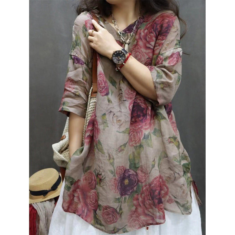 Vintage Floral Print Mid-length Sleeves V-neck Ramie Loose Western Style Artistic Casual Shirt