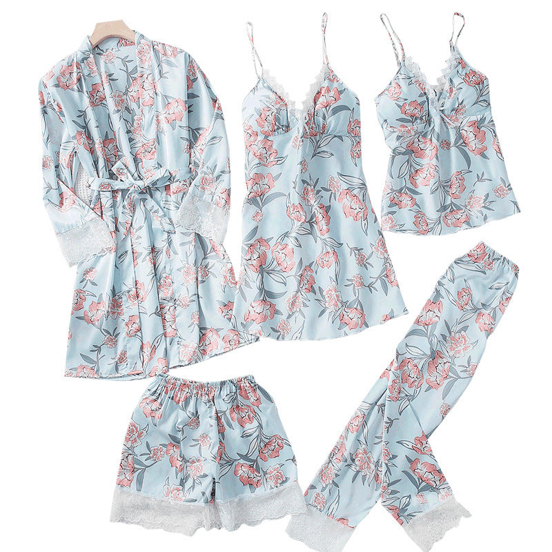 Five-piece sexy ice silk pajamas