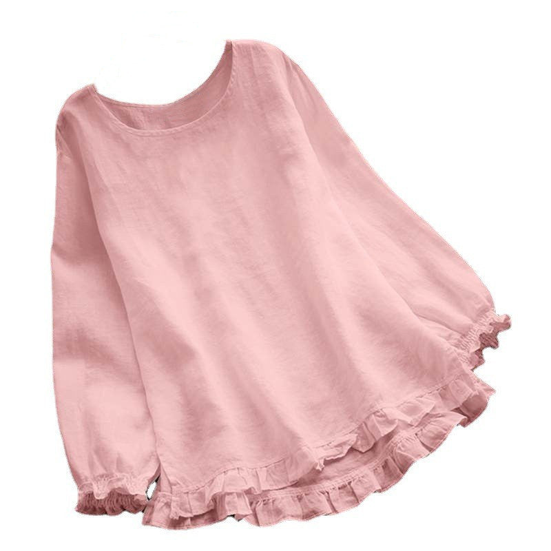 Long Sleeve Ruffled Bottom Cuff Loose-fitting Women's Cotton Linen Solid Color Round Neck Shirt