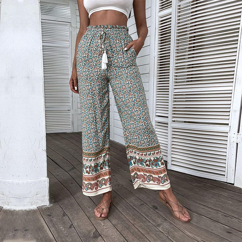 New Retro Women's Green Printing Loose Wide-leg Pants