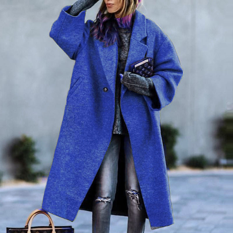 Autumn And Winter Long Woolen Color Temperament Commute No Belt Lapel Loose Woolen Green Coat