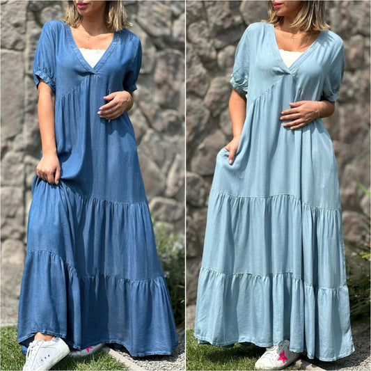 European And American Plus Size Women's Clothes Faux Denim Solid Color And V-neck Long Dress