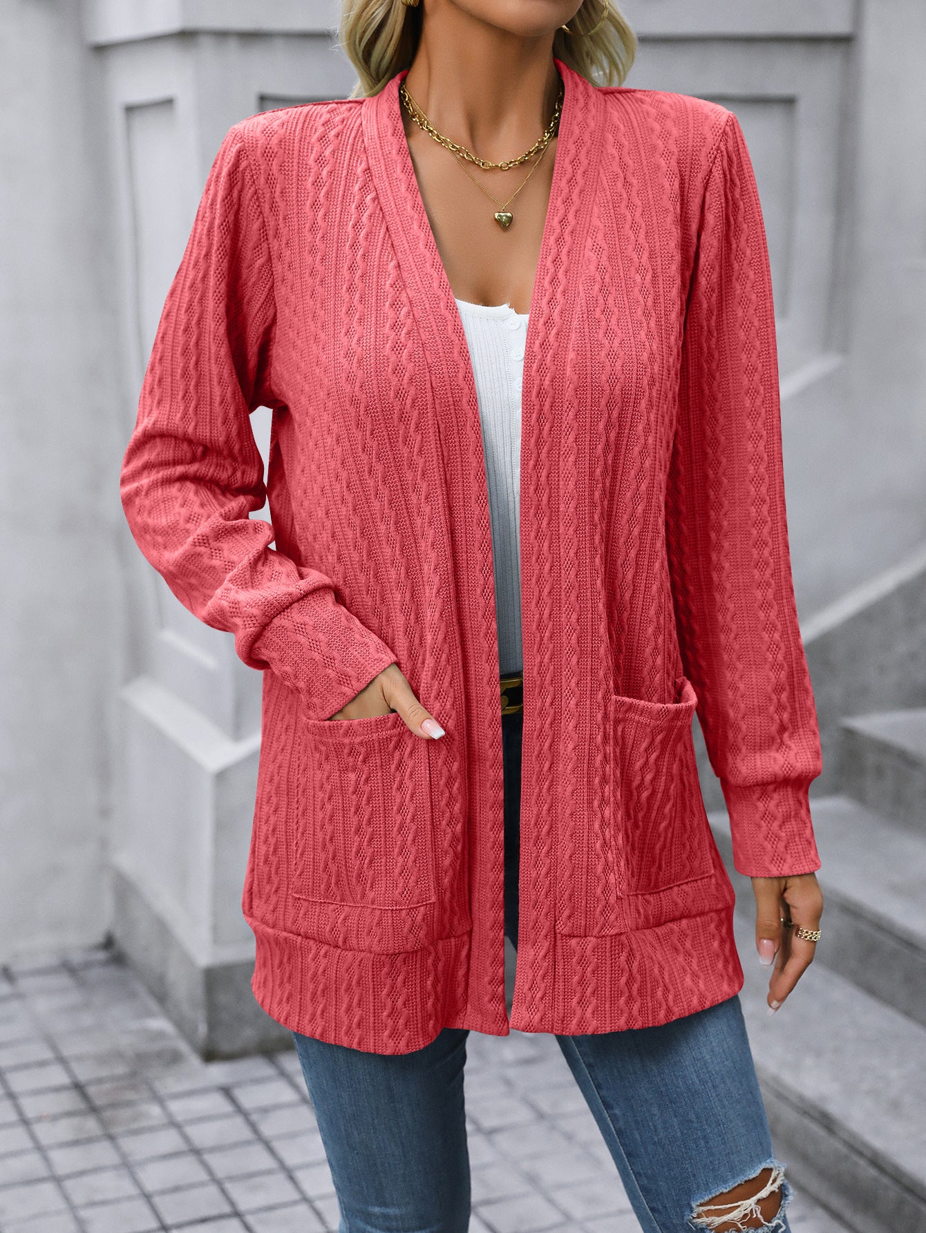 Solid Color Loose Shawl Mid-length Cable-knit Sweater Cardigan