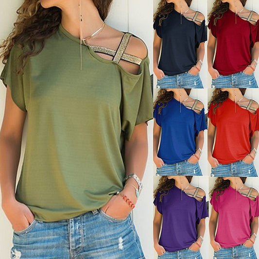 AliExpress Amazon spring and summer explosion models Europe and the United States casual shoulder cross irregular short-sleeved T-shirt women's shirt