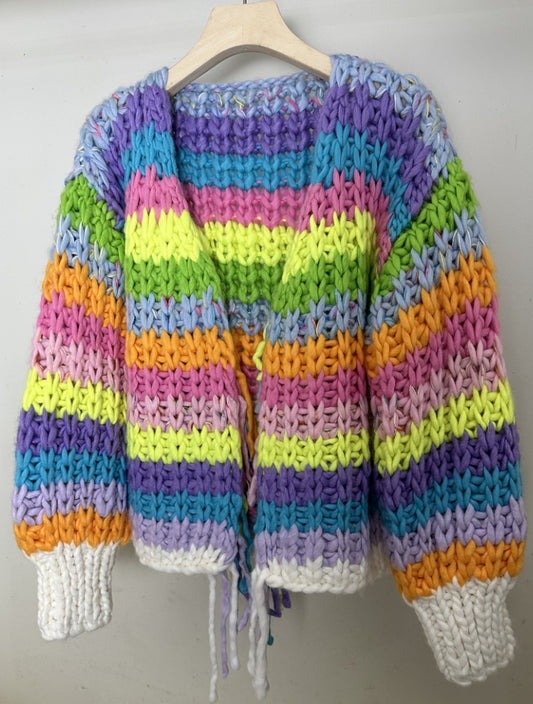 Autumn And Winter New Rainbow Stripes Loose And Lazy Style Women's Knitted Sweater