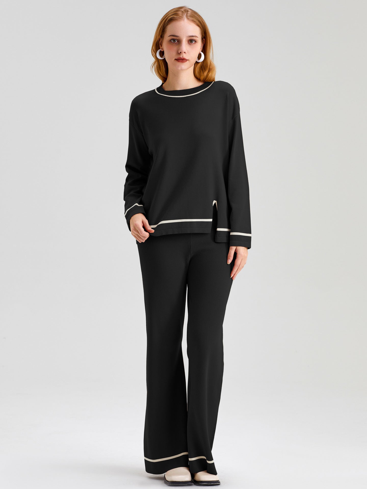 Women's Sweater Layered Round Neck Top Wide Leg Trousers
