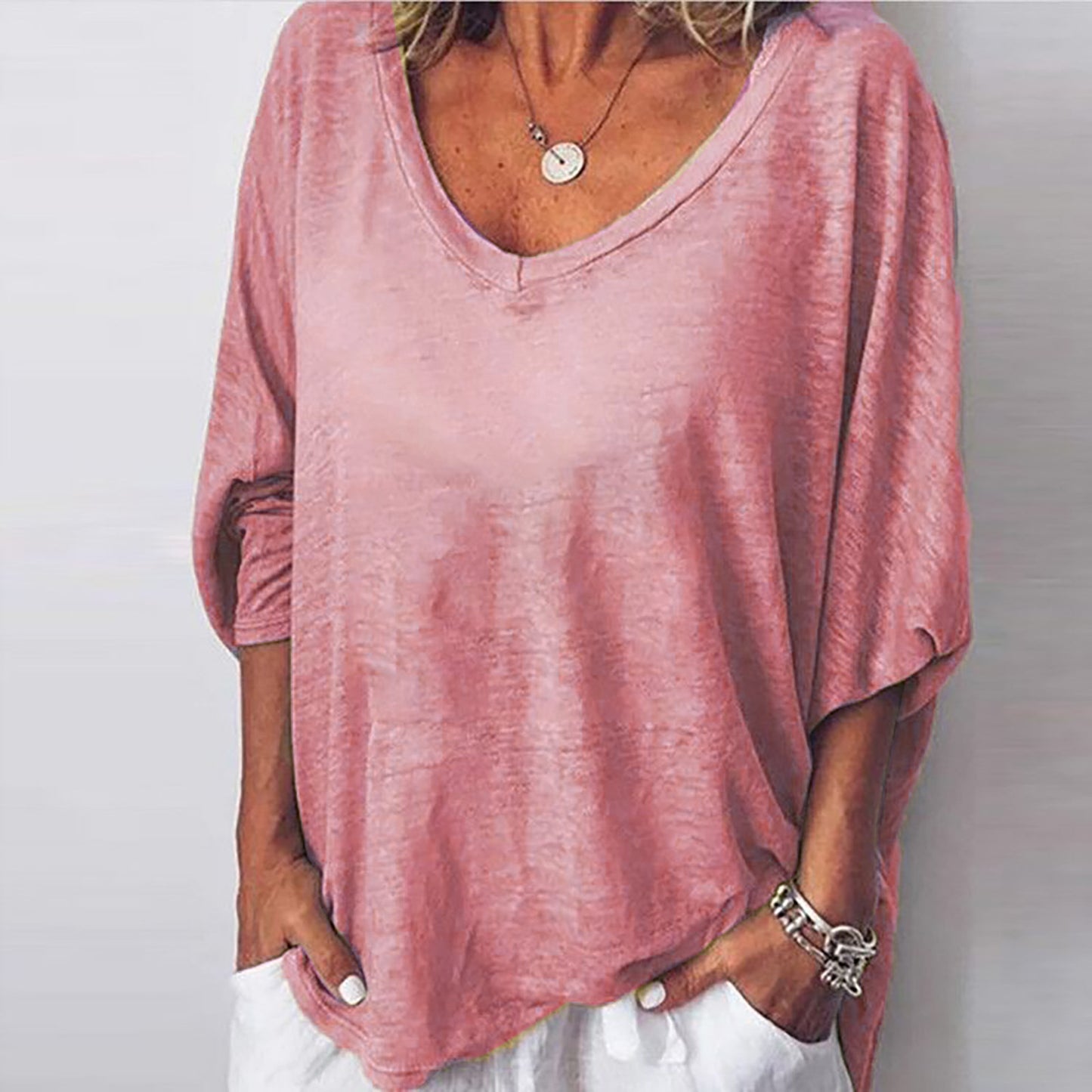 Peach Collar Batwing Sleeve T-shirt