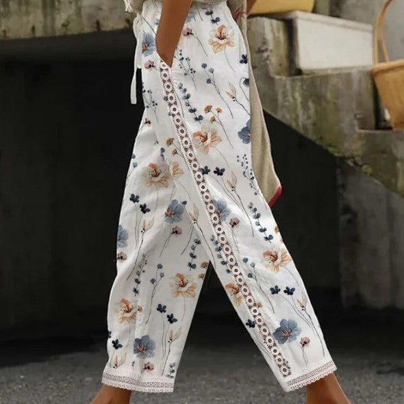 Printed Lace Stitching Straight-leg Pants Sweet Casual Pants