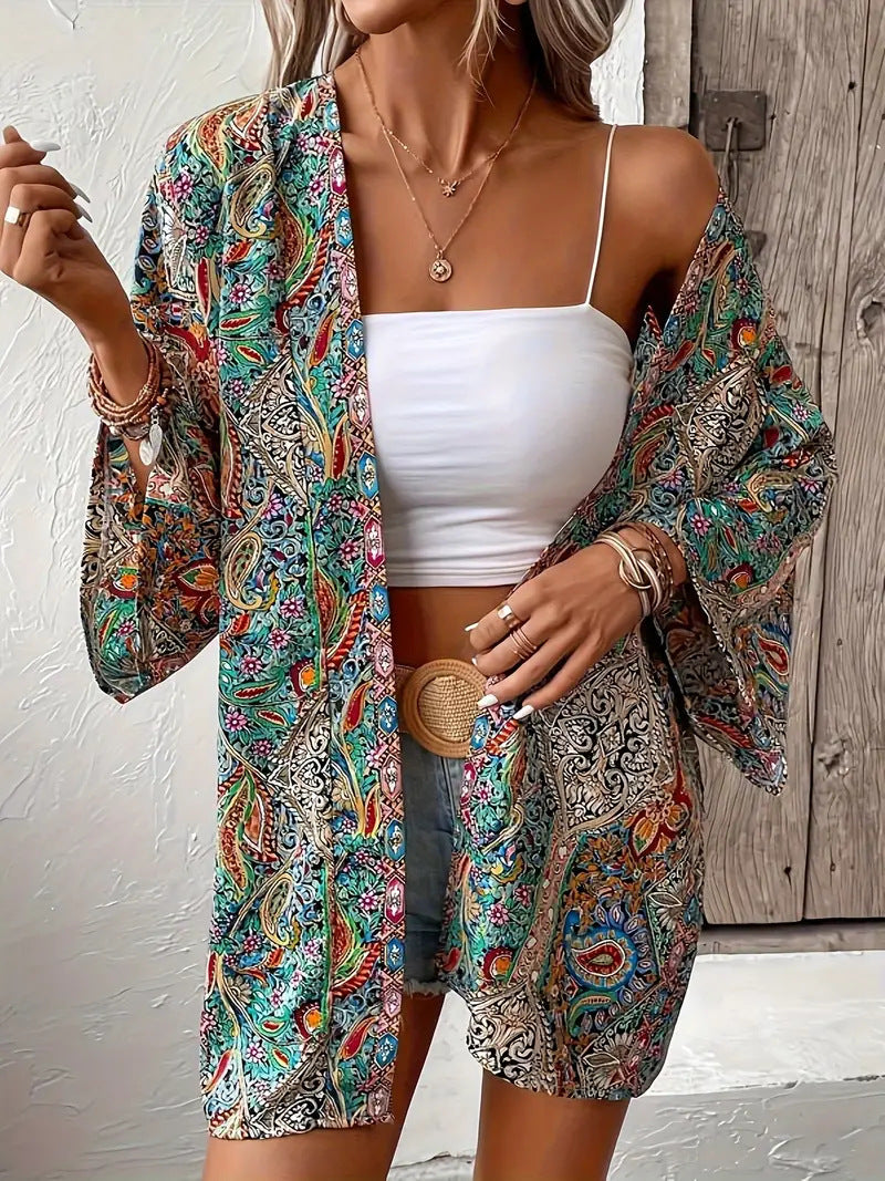 Ethnic Print Round Neck Shirt Bohemian Holiday Long Sleeve Shirt