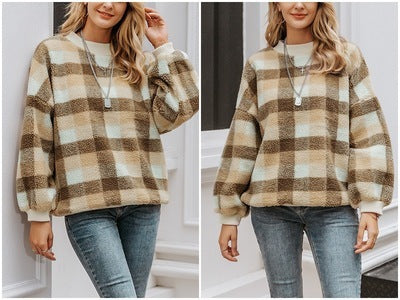 Fashion round neck plaid sweater