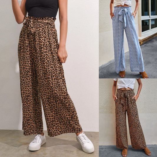 Women's Fashionable Leopard Print Lace-up Wide-leg Trousers