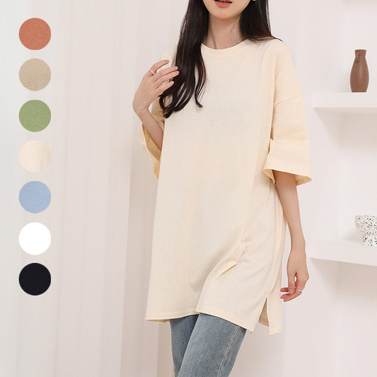 Summer Pure Cotton T-shirt Side Slit Casual