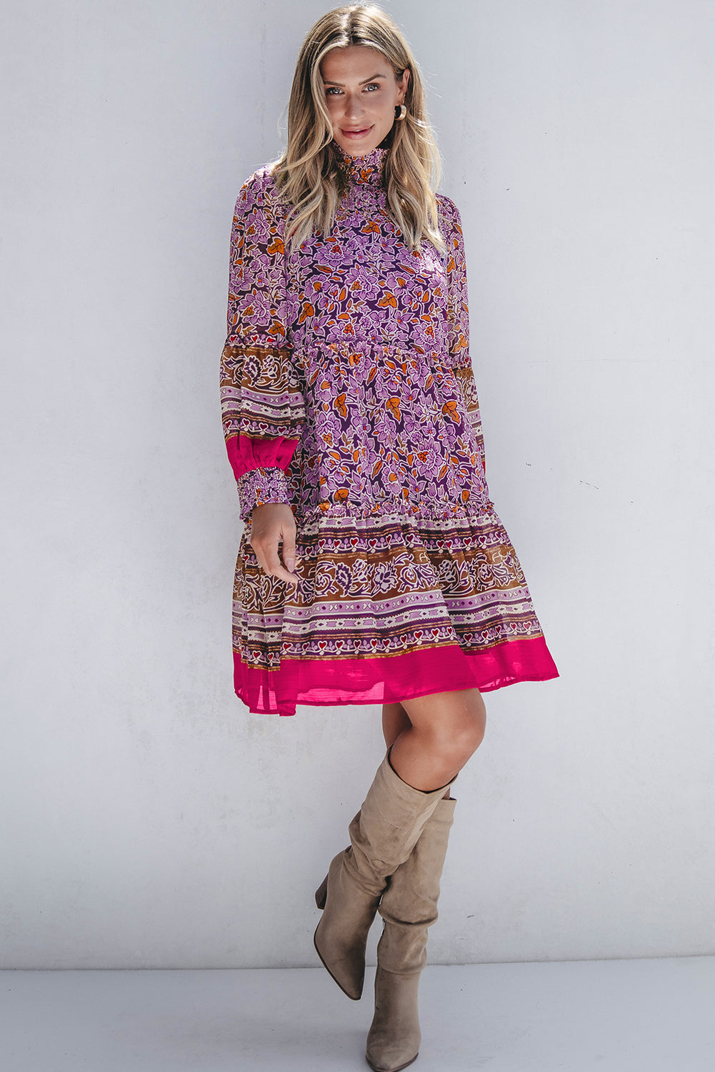 Purple Floral Smocked Puff Sleeve High Neck Mini Dress