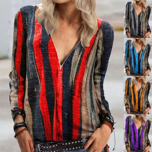 Tie-dye striped printed long-sleeved T-shirt V-neck zipper top women