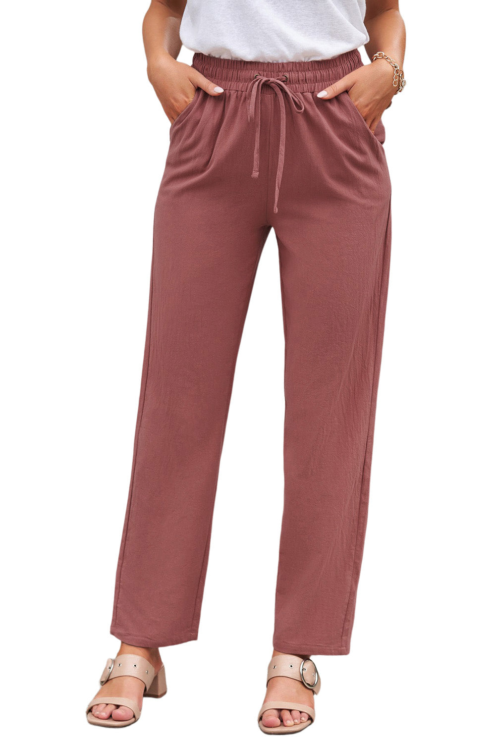 Pink Drawstring Elastic Waist Pockets Long Straight Legs Pants