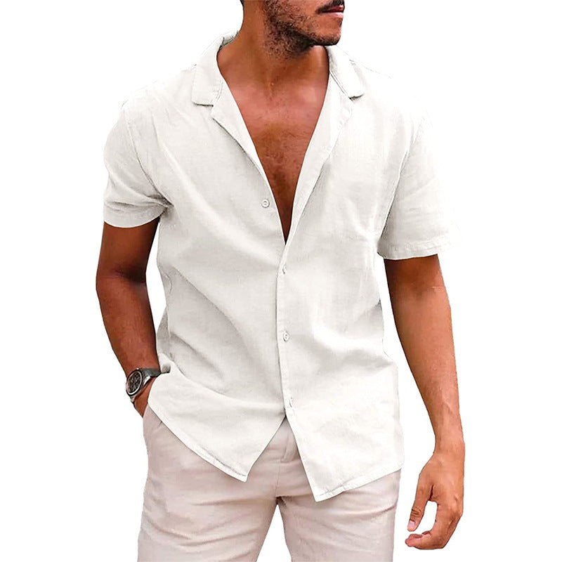 Summer Lapels Solid Color Short Sleeve Men's Cotton And Linen Shirt