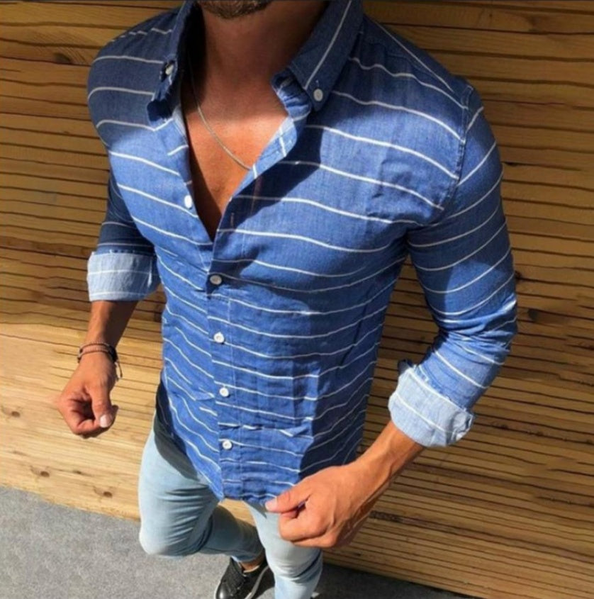 Striped Long Sleeve Button Lapel Men's Shirt