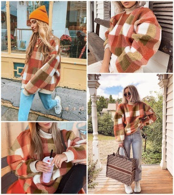 Fashion round neck plaid sweater