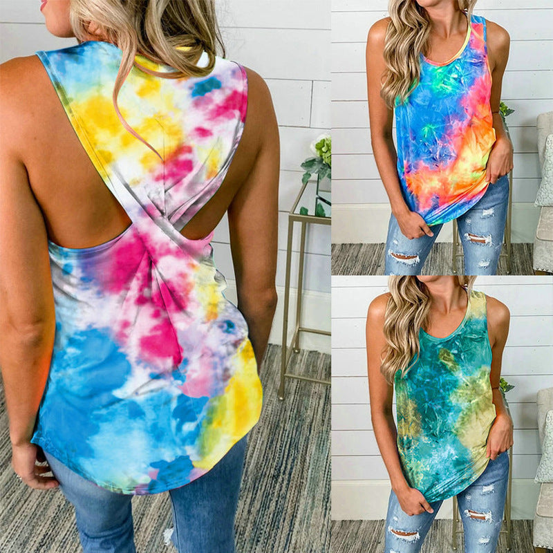 Round Neck Sleeveless Tie-dye Twist-knot Casual Women's Top