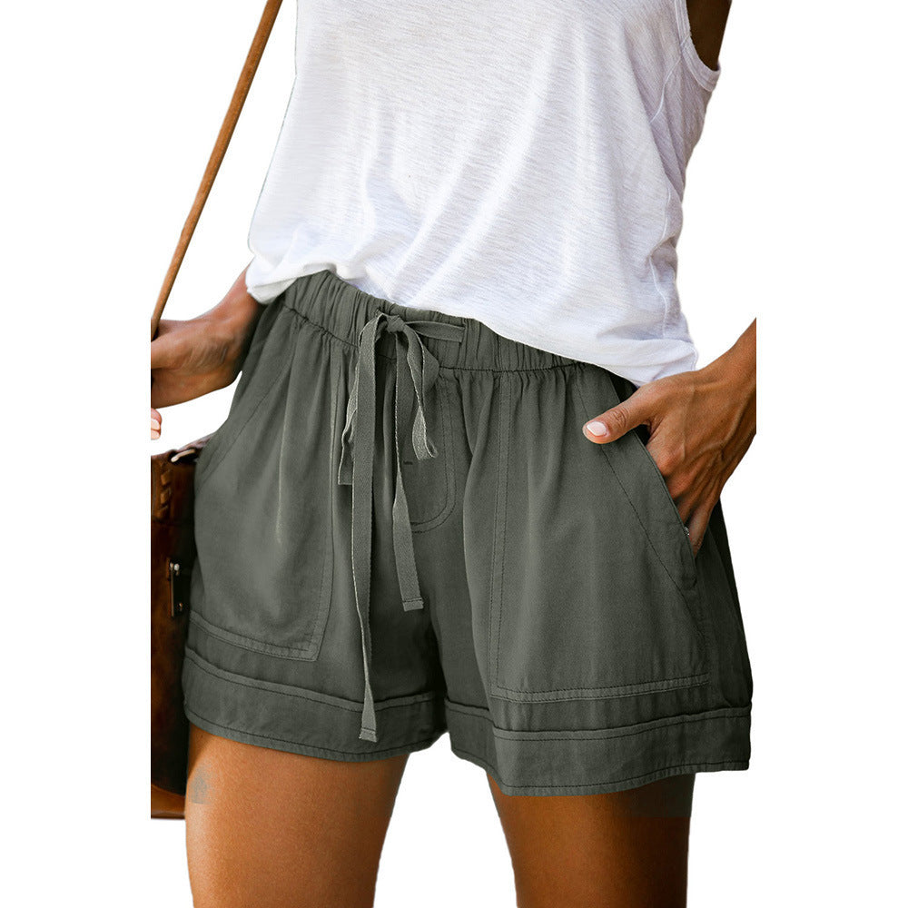 Wide leg loose high waist elastic lace-up shorts