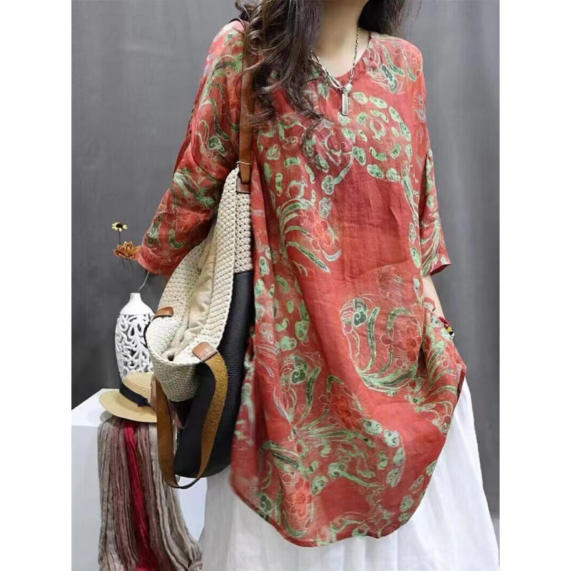 Vintage Floral Print Mid-length Sleeves V-neck Ramie Loose Western Style Artistic Casual Shirt