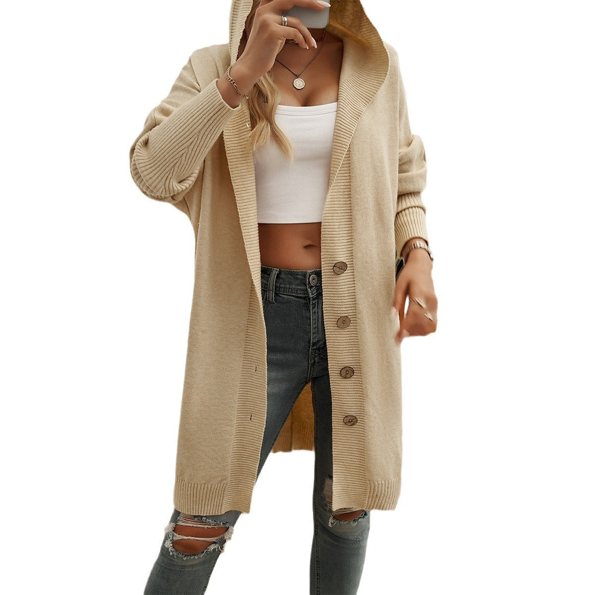 Women's Casual Loose Breasted Hooded Cardigan