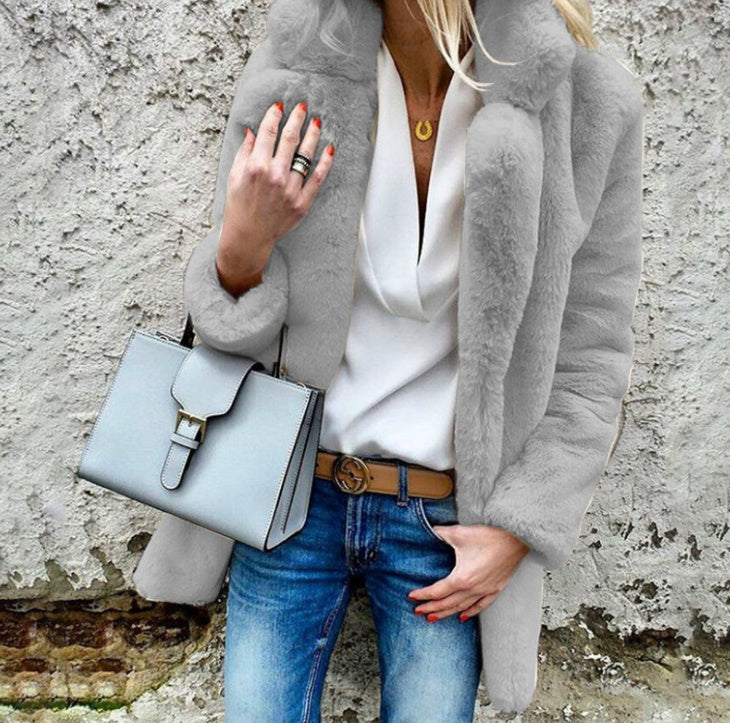 autumn and winter new style solid color long-sleeved lapel women's fluffy coat coat LG0050