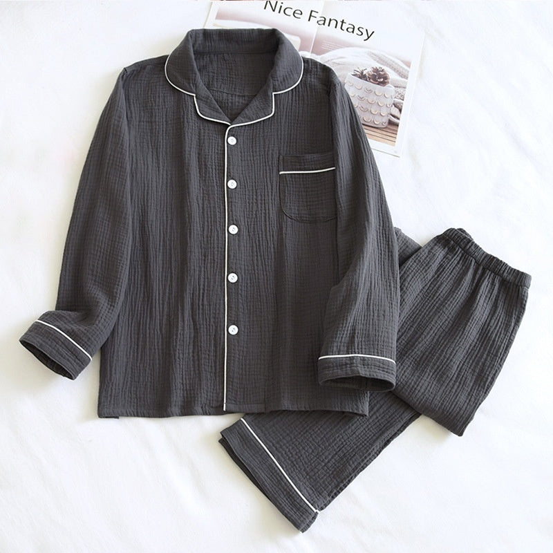 Men's Pajamas Suit Loose Spring And Autumn Double-layer Gauze Plus Size Cotton Crepe Long Sleeve