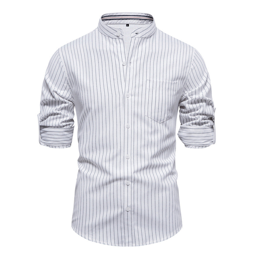 Spring And Summer Slim Stand Collar Shirt Men's Cotton And Linen Stripes Long Sleeve Shirt