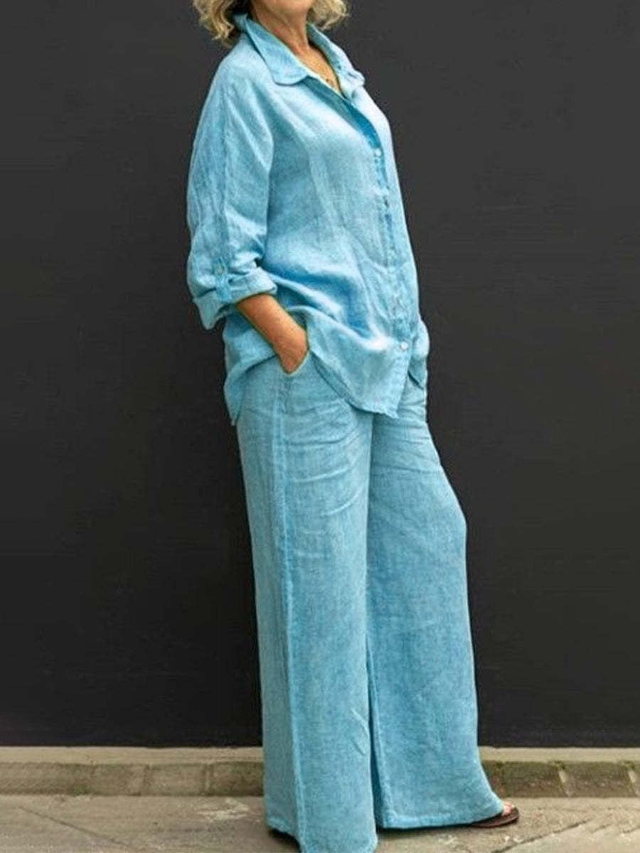Women's Solid Color Casual Shirt Pants Suit