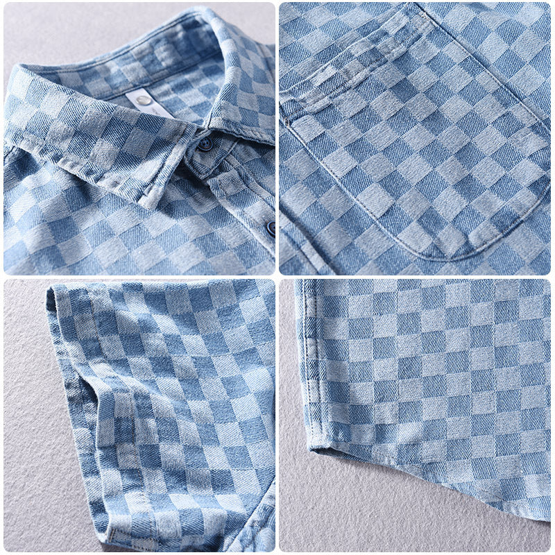 Plaid Short Sleeve Denim Shirt Casual All-match Cotton Shirt