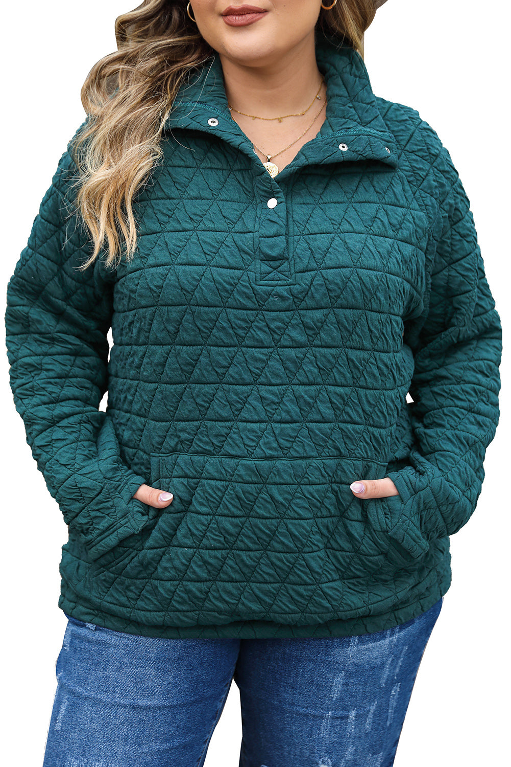 Blackish Green Plus Size Quarter Buttoned Pocketed Quilted Sweatshirt