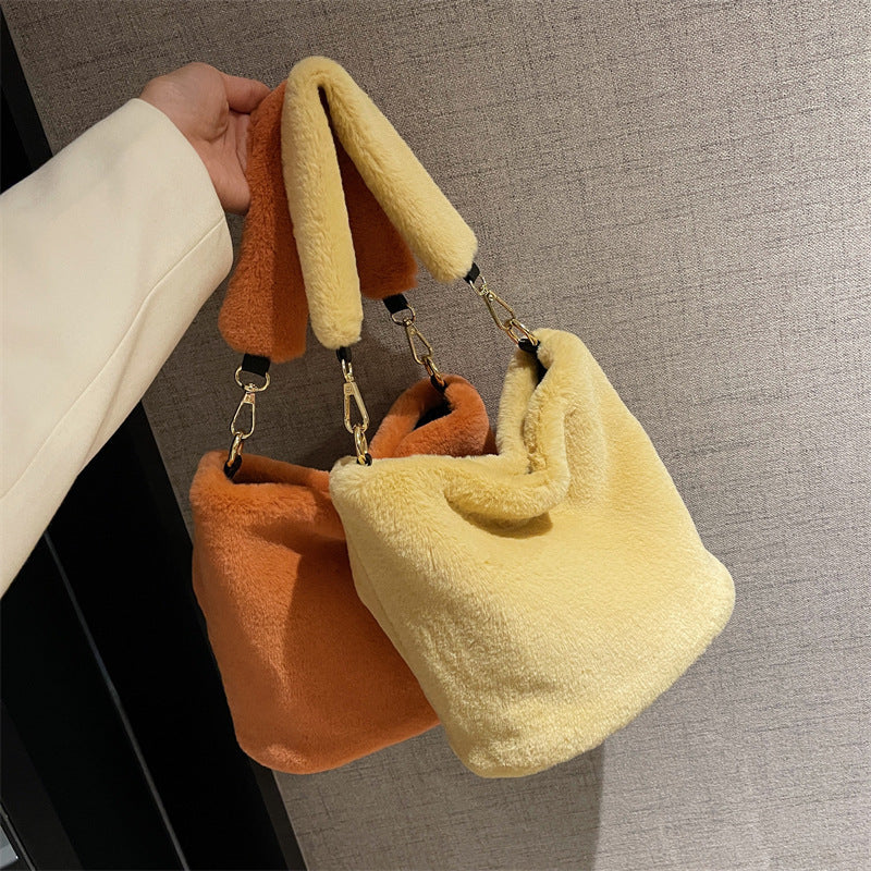 Fashion Solid Color Plush Portable Bucket Bag