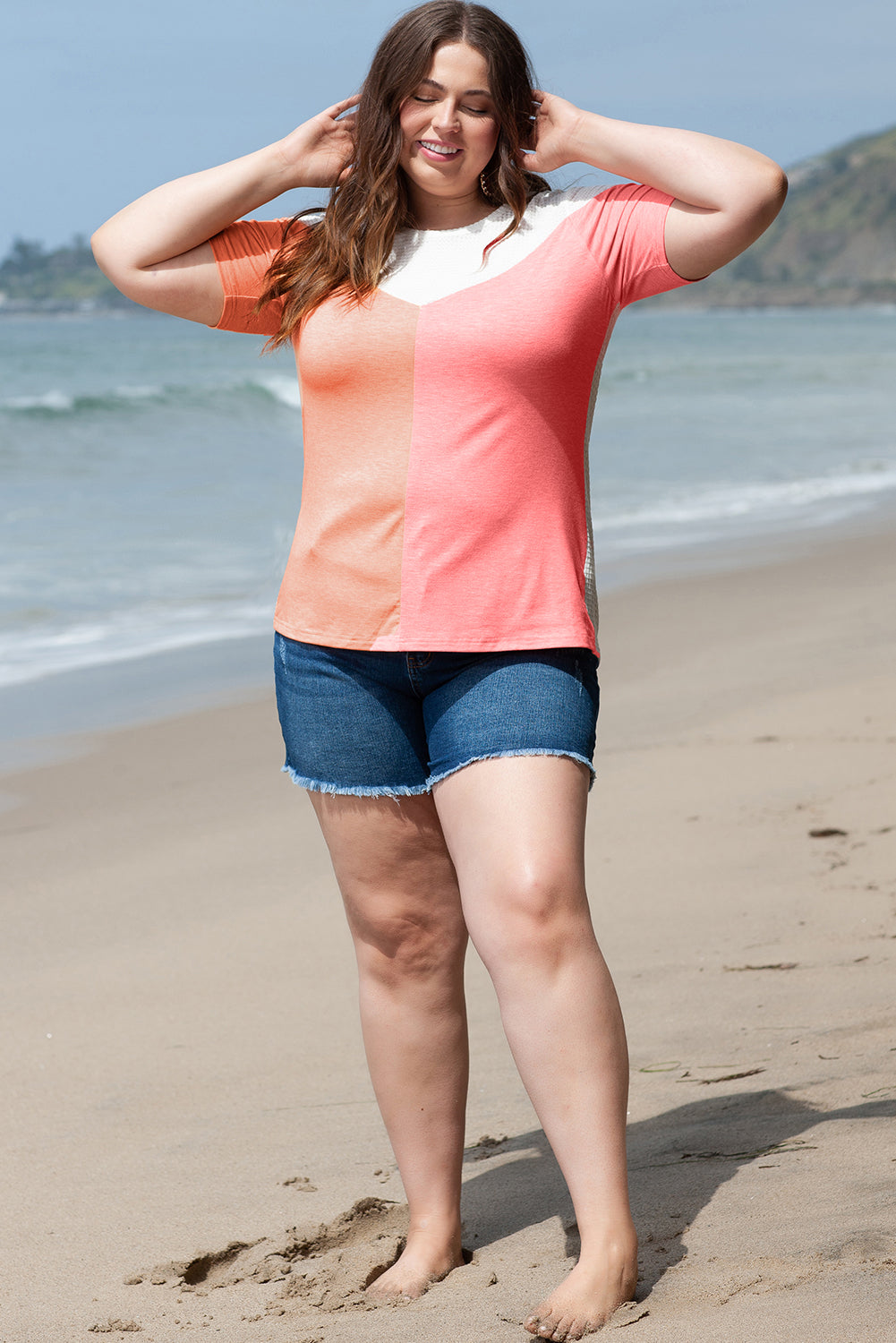 White Plus Size Colorblock Waffle Knit Tee