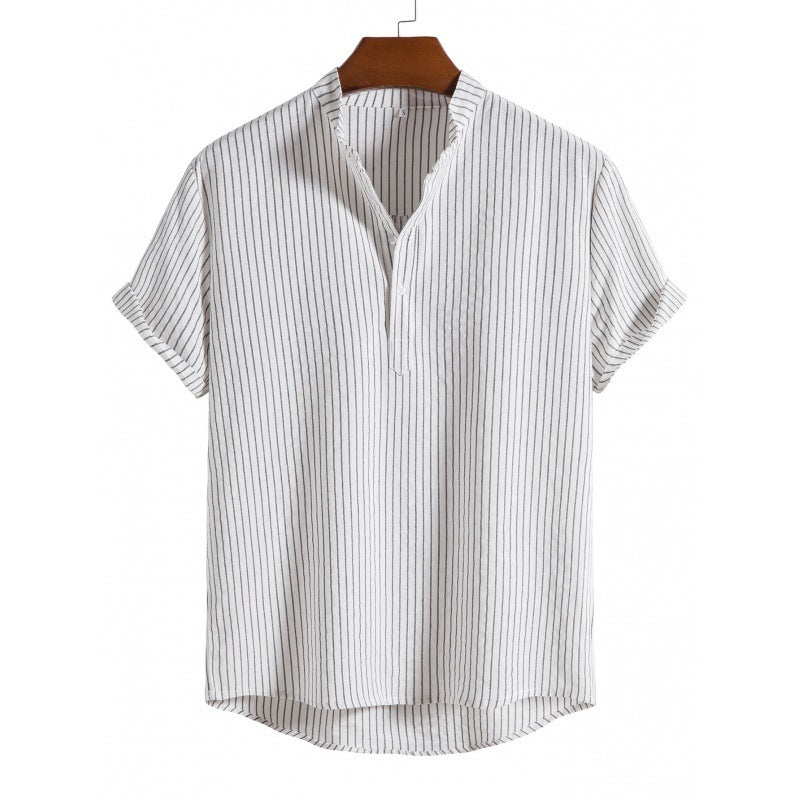 Men's Stand Collar Striped Short Sleeve Shirt