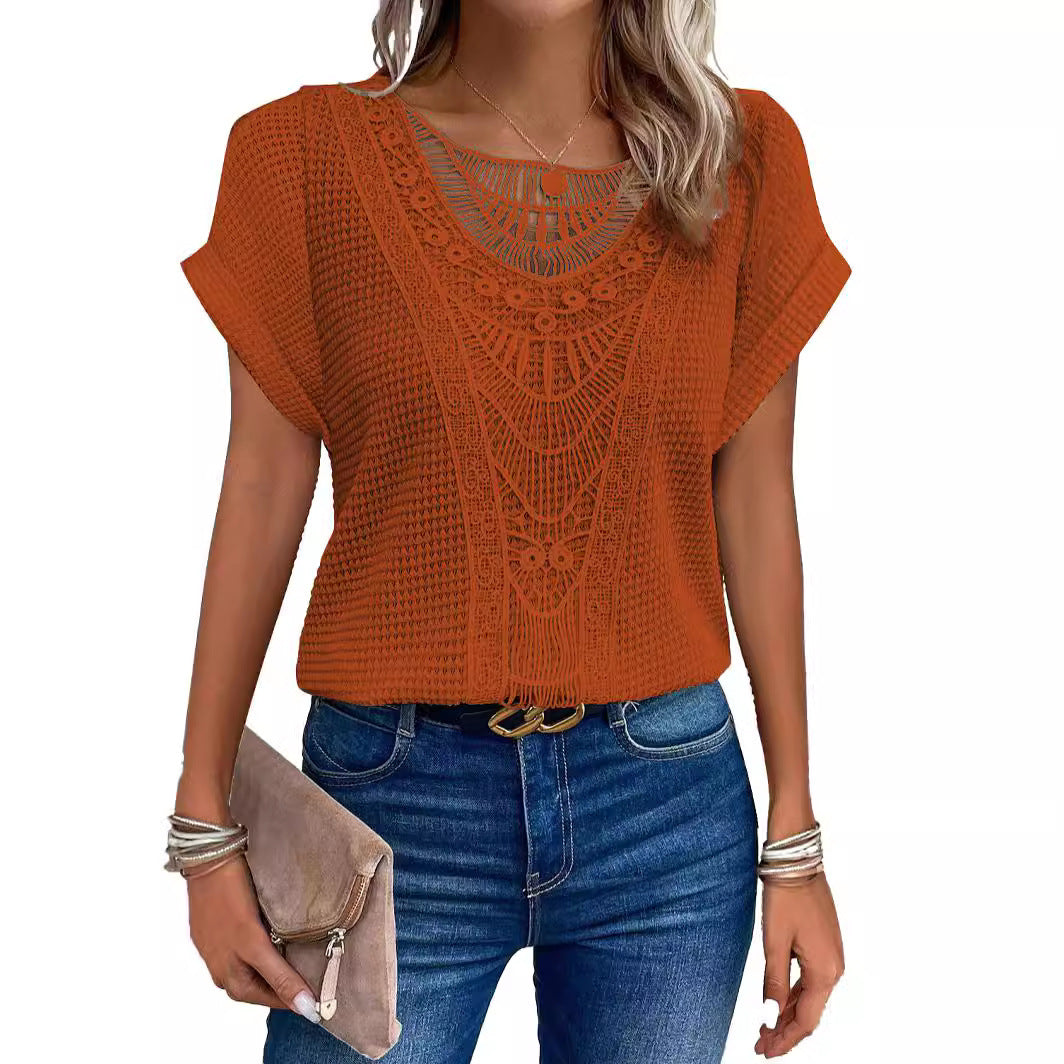 Lace Patchwork Short-sleeved T-shirt Women's Clothing