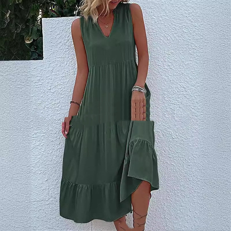 Loose Waist Sleeveless V-neck Swing Solid Color Length Dress