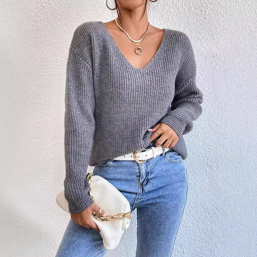 Lace Backless Hollow Out V-neck Pullover Long Sleeve Sweater