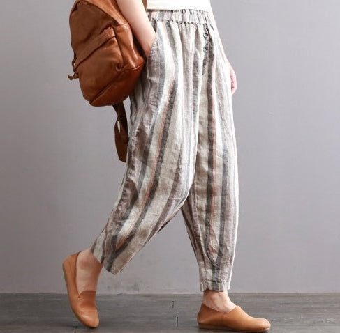 Retro cotton and linen women's cropped trousers loose harem pants linen pants literary striped casual pants