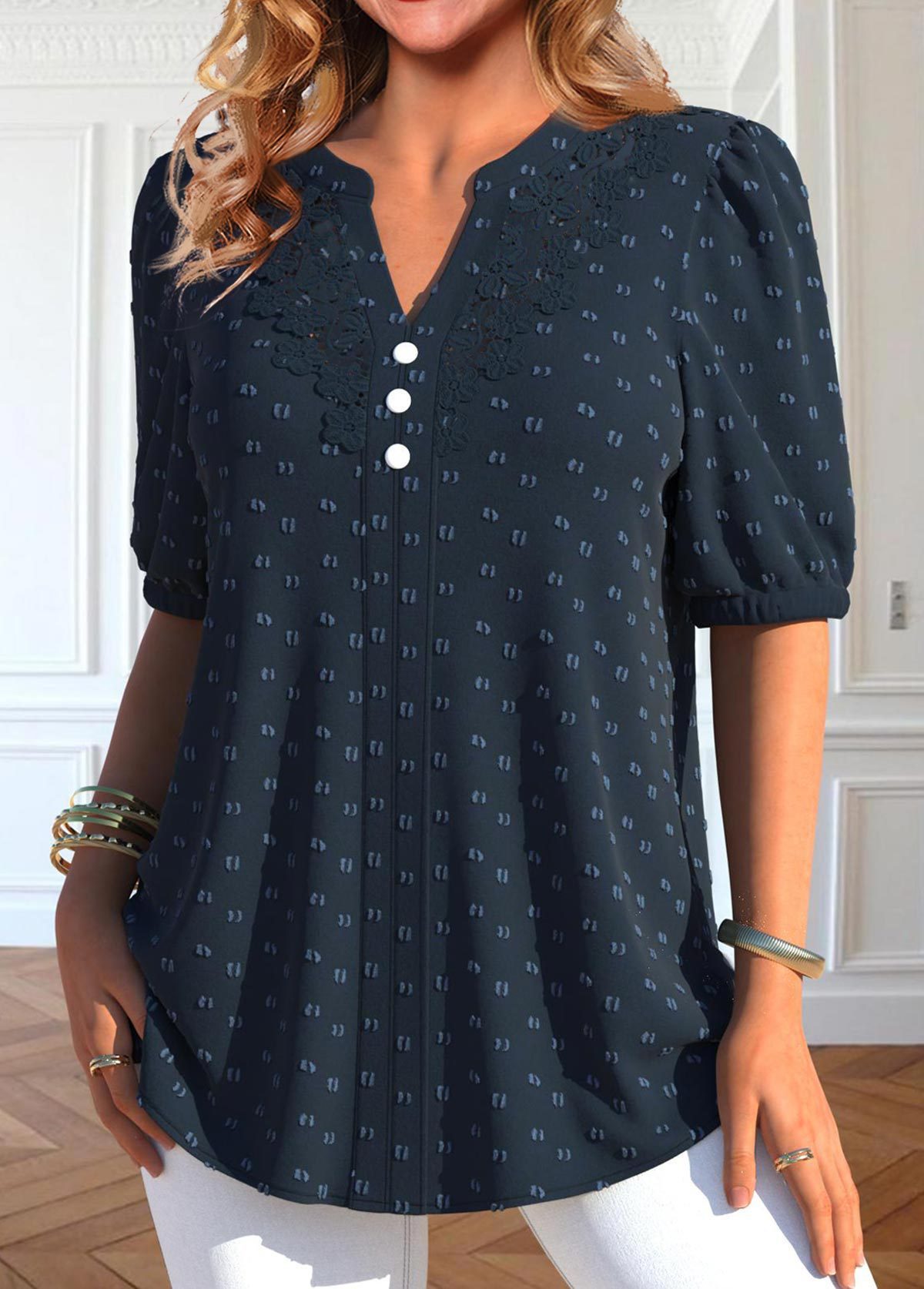 Plus Size Navy Blue Button Short Sleeve Shirt