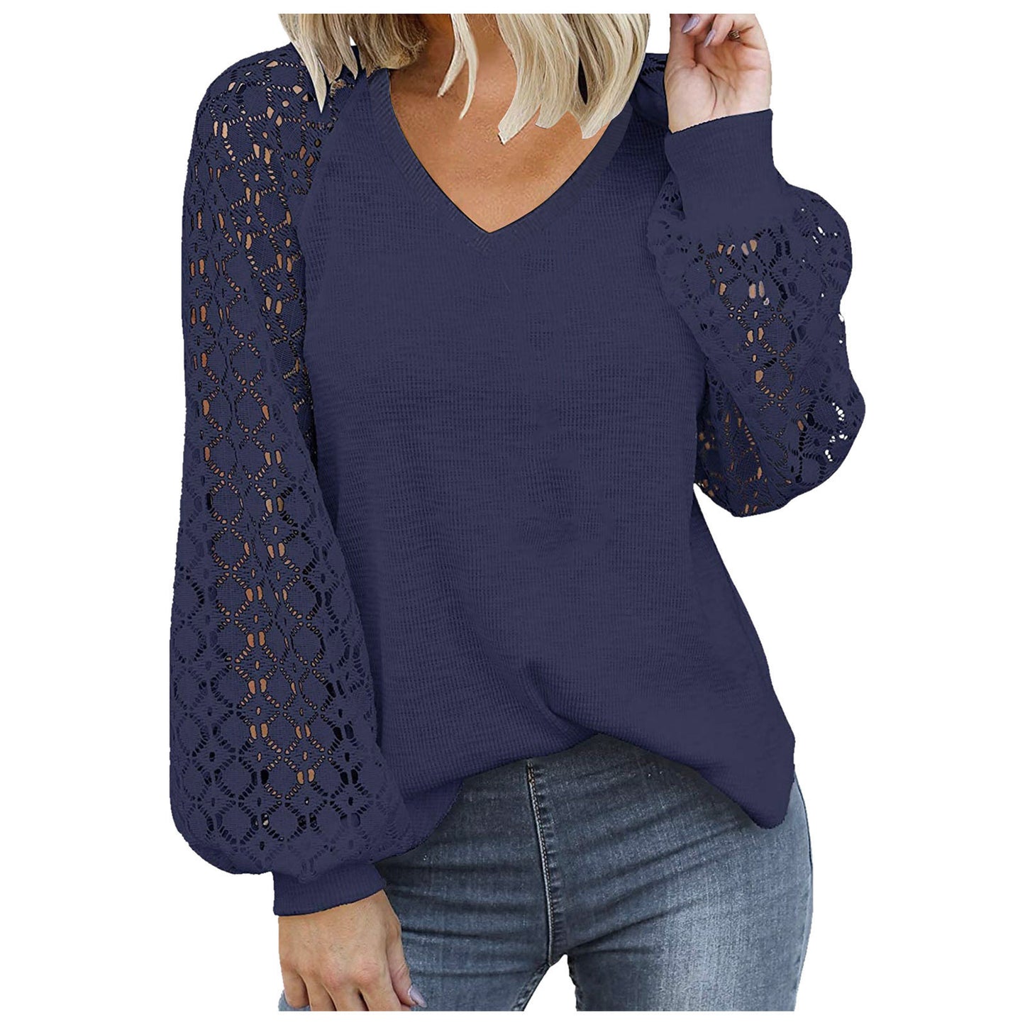 Women's V-neck Long Sleeve Lace Stitching Loose Shirt