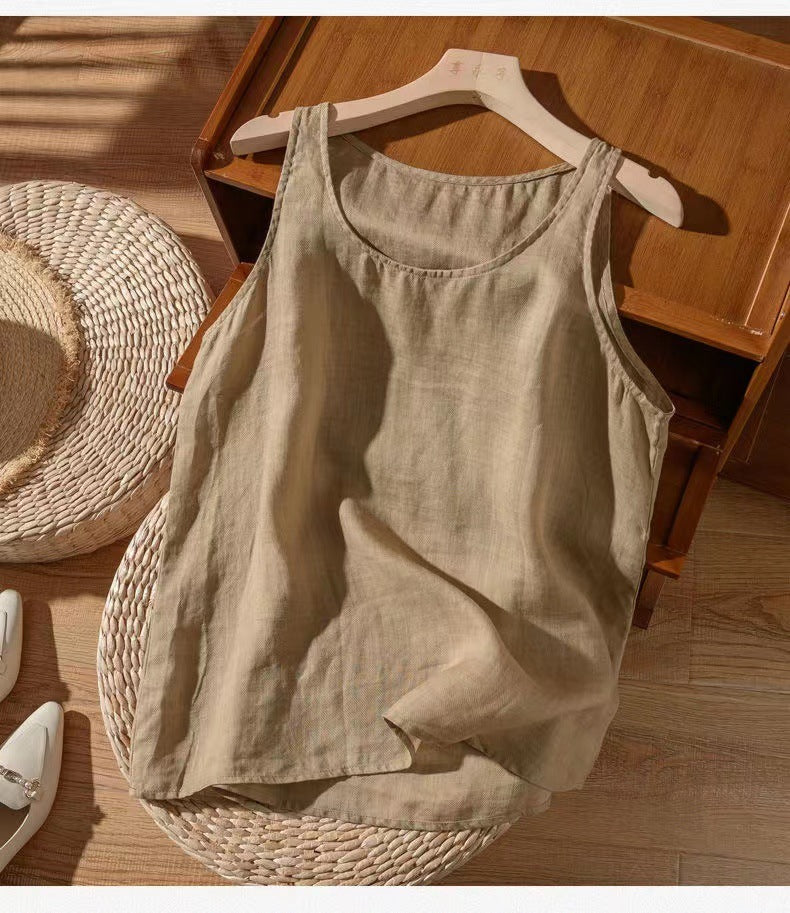 Artistic Retro Loose Solid Color Cotton Linen Vest Women's Top