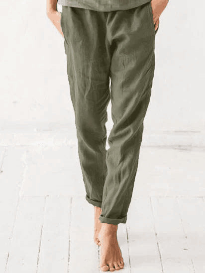 Women's Elastic Waist Solid Color Cotton And Linen Casual Trousers