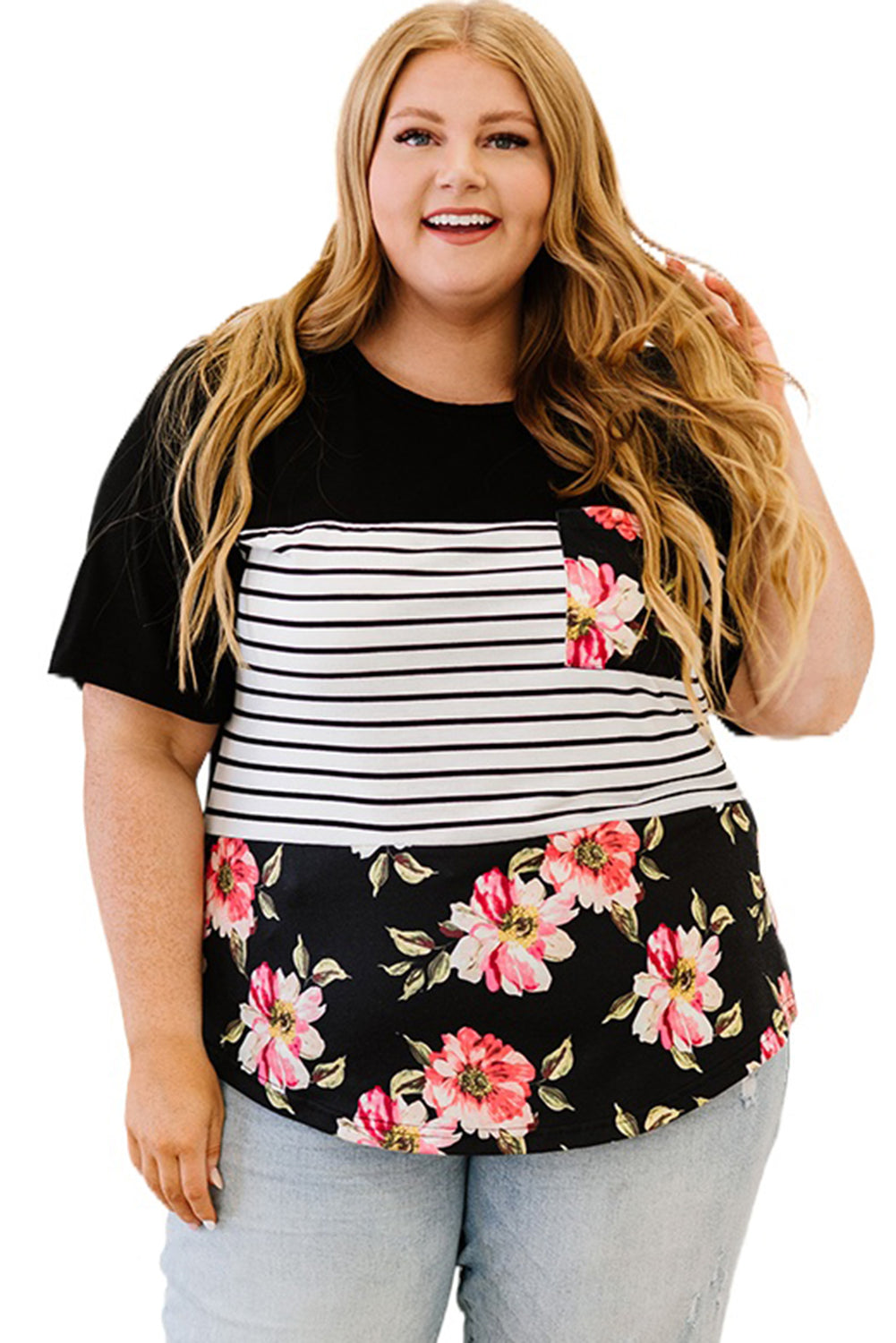 Black Plus Size Splicing Block Stripe Floral Short Sleeve Top