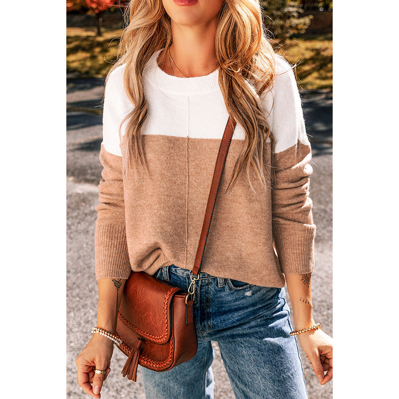 All-match Round Neck Contrast Color Stitching Pullover Top For Women