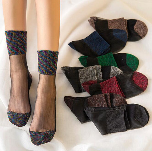 Spring And Summer Ultra-thin Women's Cotton Base Black Silk Transparent Mid-calf Socks