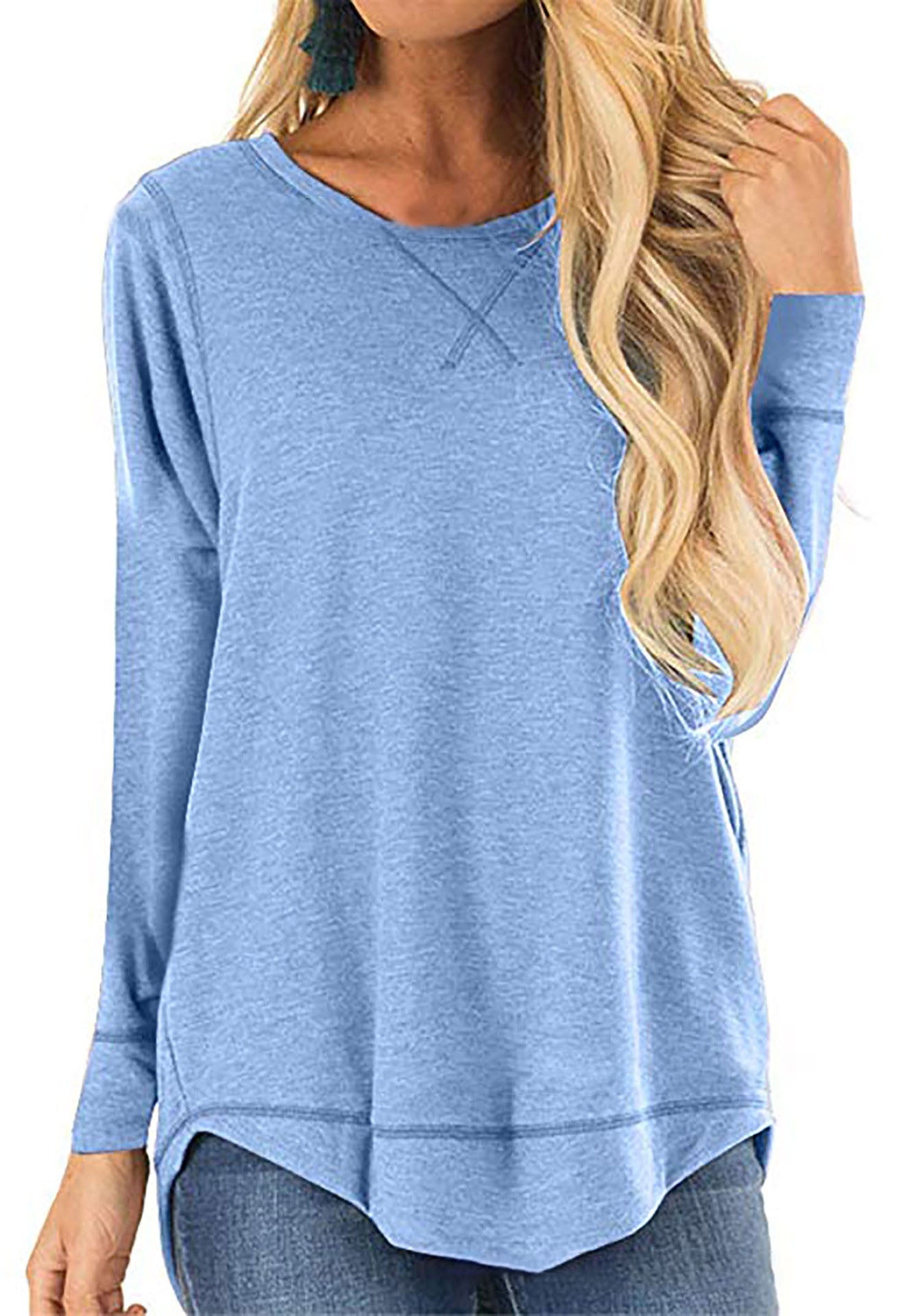 Women's Round Neck Long Sleeve Loose Top Short Front