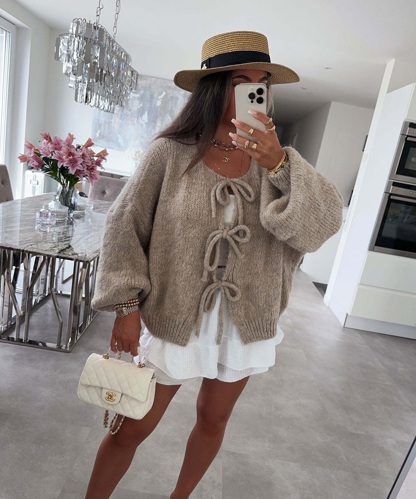 Round Neck Tied Knitted Cardigan Coat Solid Color Commute Simple Sweater Women