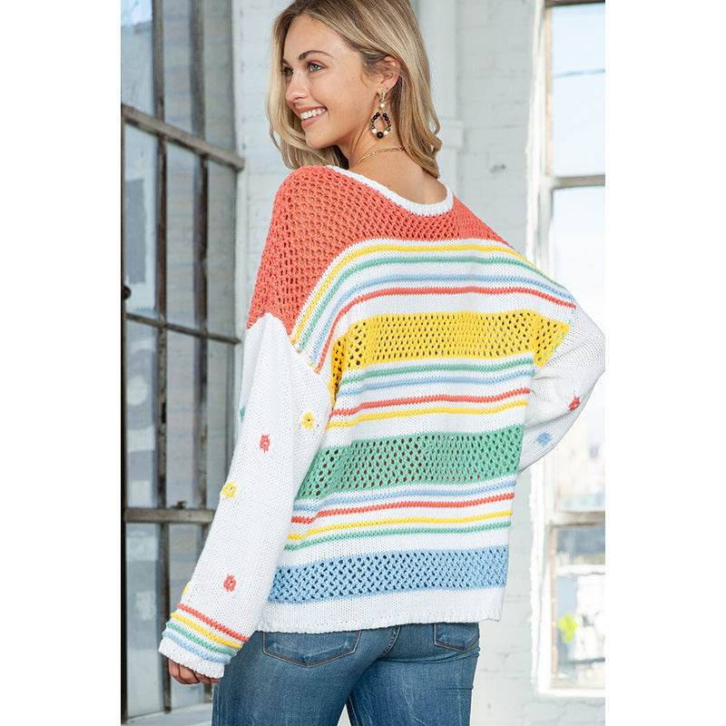 Rainbow Striped Pullover Women's European And American Fashion Dopamine Contrast Color Round Neck Sweater