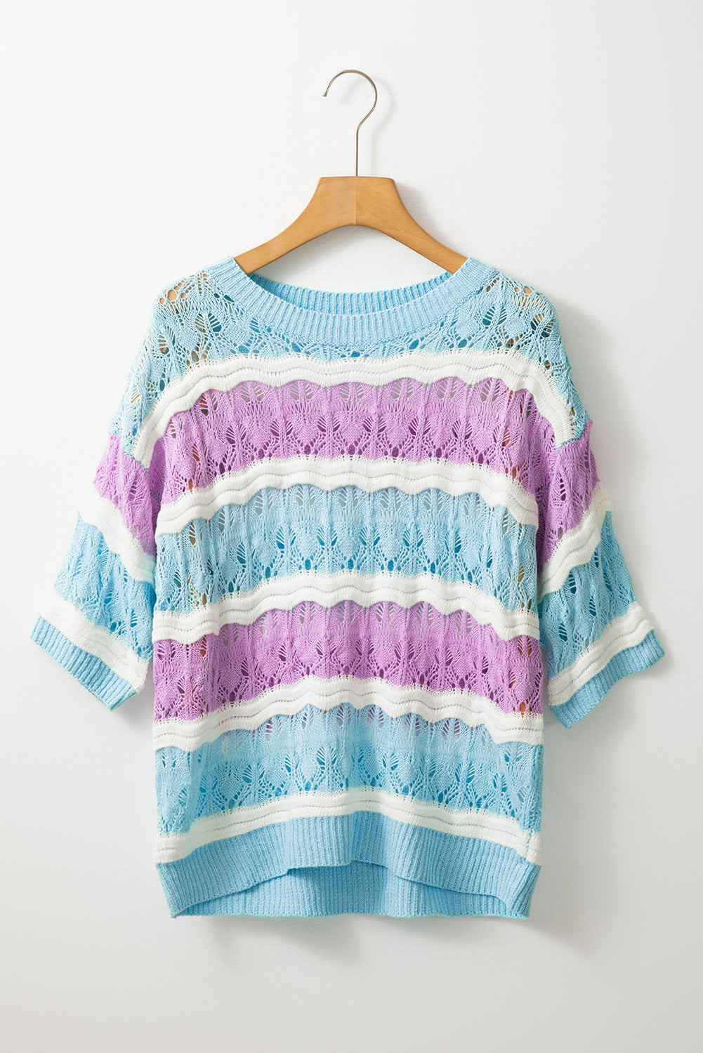 Purple Stripe Color Block Hollow Out Crochet Half Sleeve Sweater